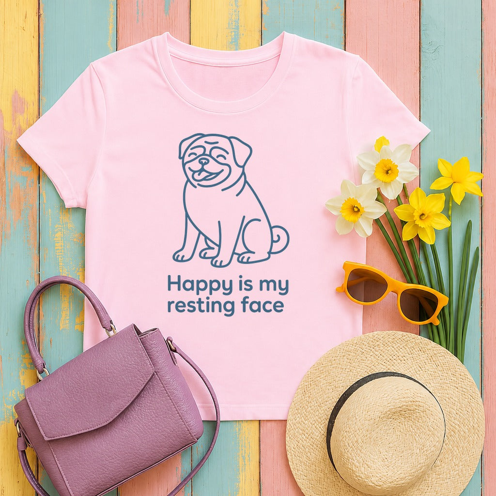 Happy Is My Resting Face - Funny Pug T-shirt in Light Pink