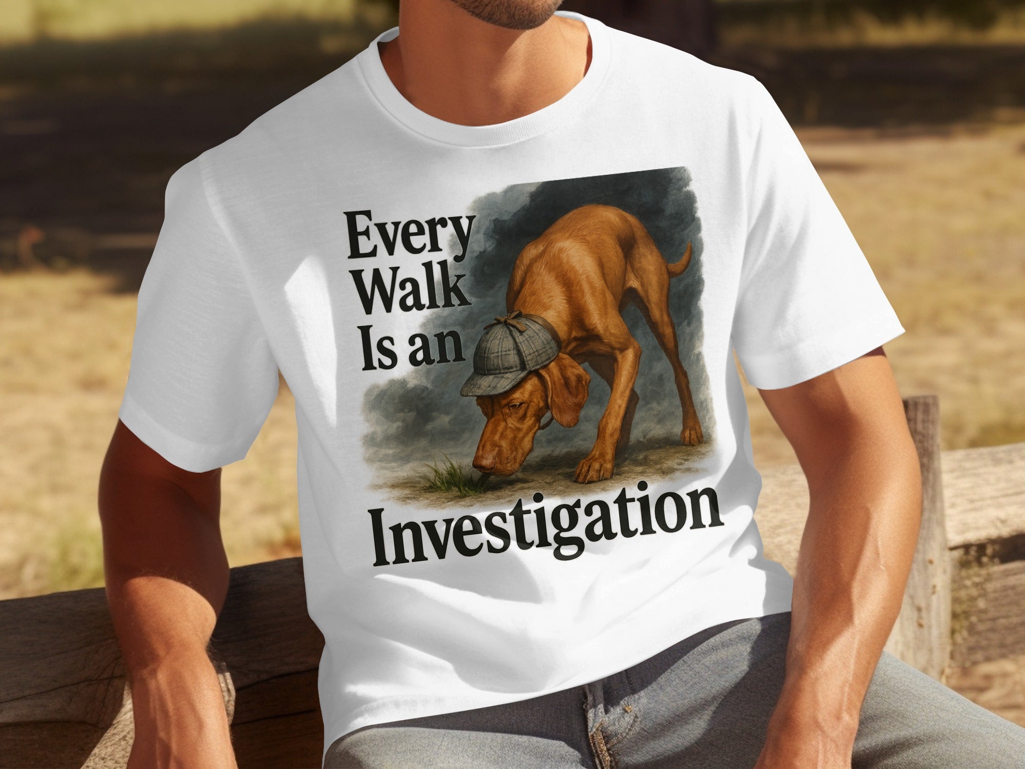 White t-shirt graphic featuring a dog in a hat with text: "Every Walk Is an Investigation".