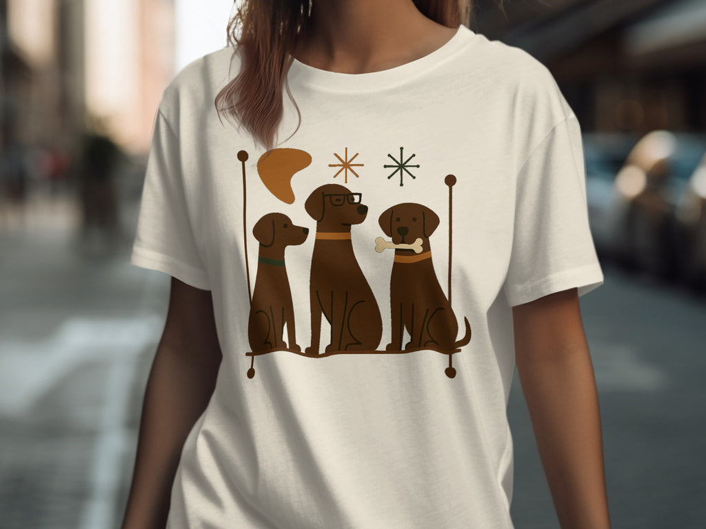 Three brown dogs sit in a row on a t-shirt graphic with playful shapes.