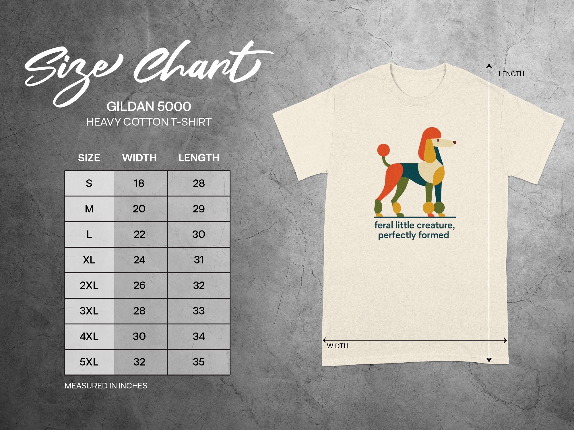 Gildan 5000 t-shirt size chart with measurements and abstract poodle graphic.