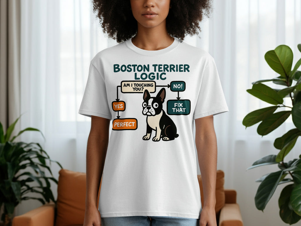 White t-shirt with "Boston Terrier Logic" diagram and a cartoon dog.