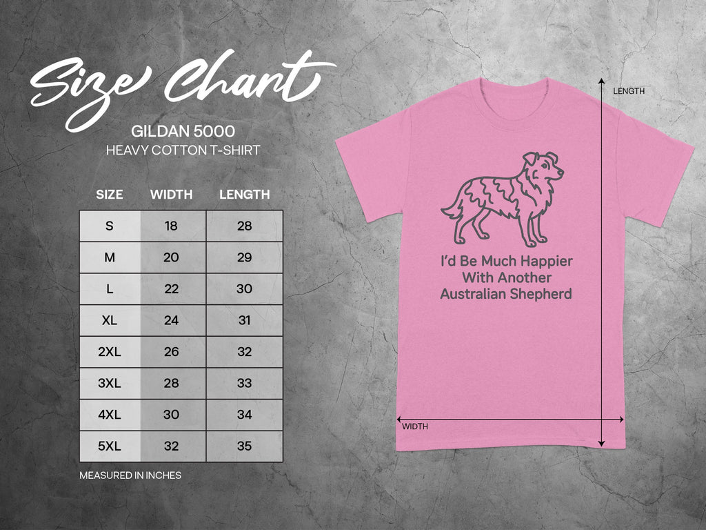 Gildan 5000 size chart for heavy cotton t-shirts with width and length measurements.
