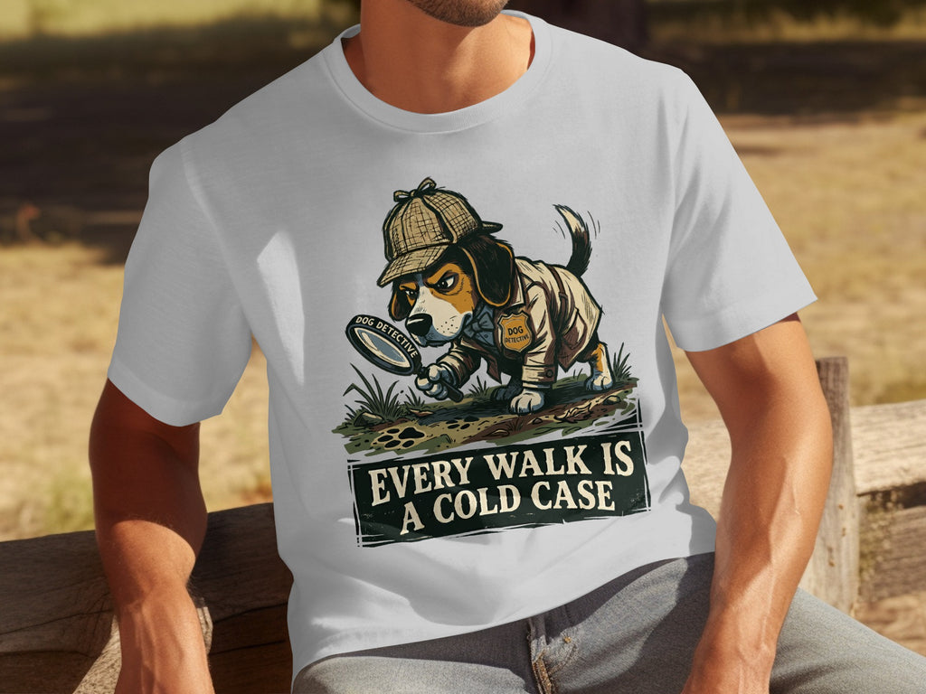 Dog detective in hat and coat examining footprint with magnifying glass.