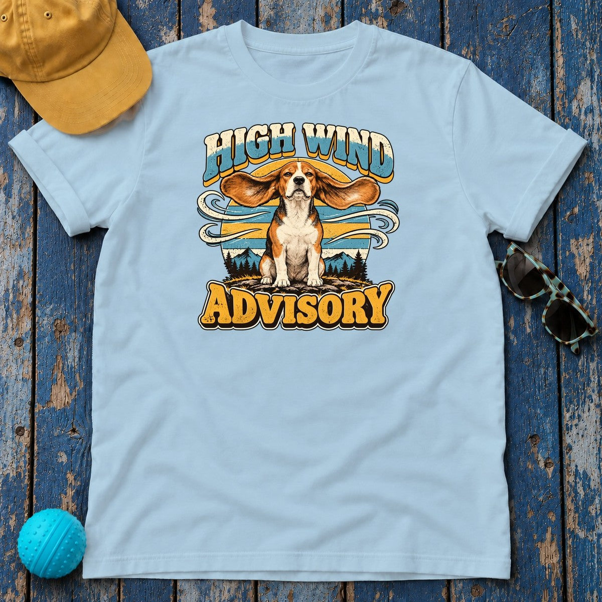 High Wind Advisory Beagle T-Shirt in Light Blue - flat lay