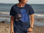 Navy t-shirt with blue labrador dog graphic and text: Walking my Labrador is my therapy.