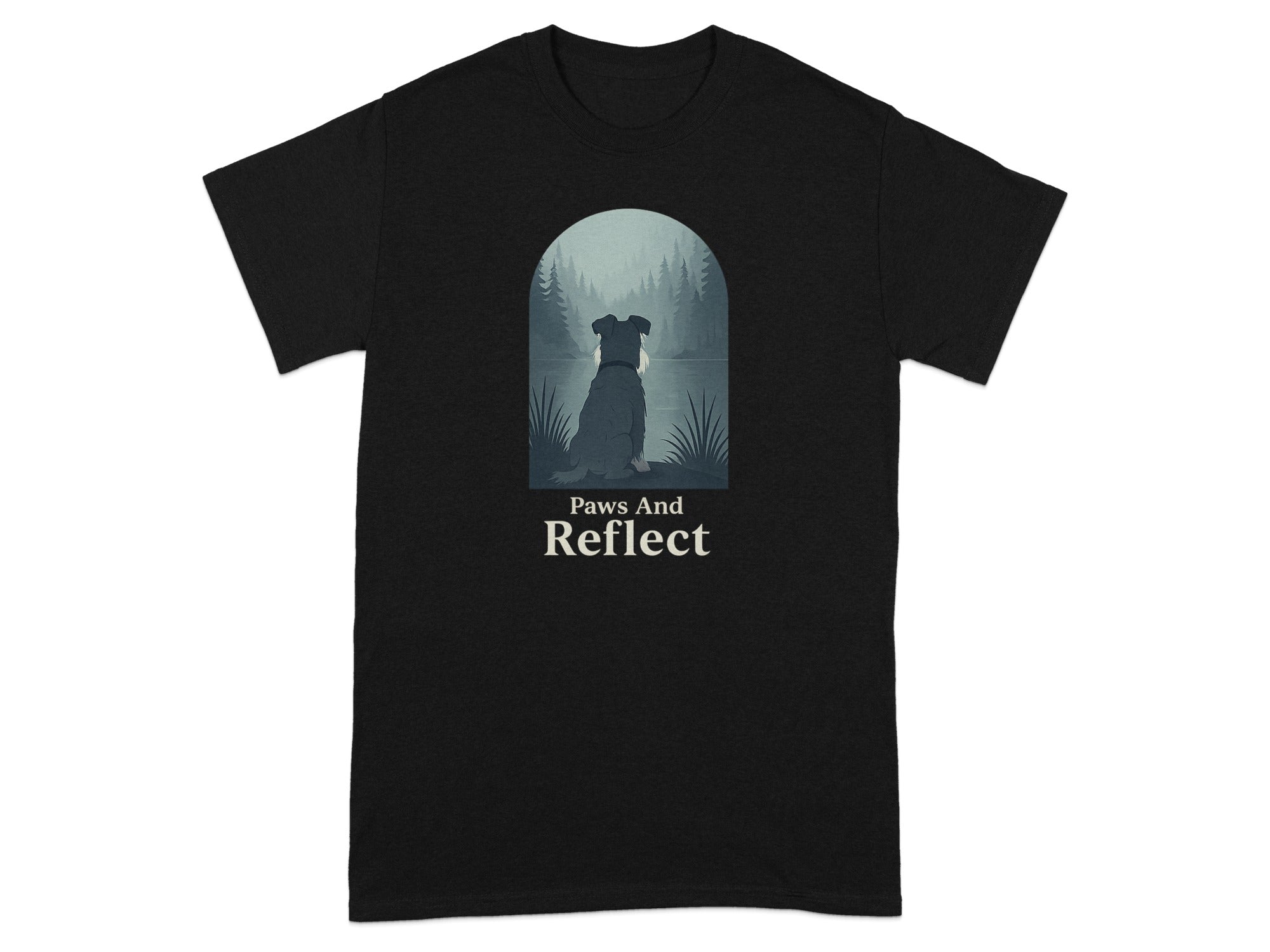 Black t-shirt with dog in forest scene and text "Paws And Reflect".