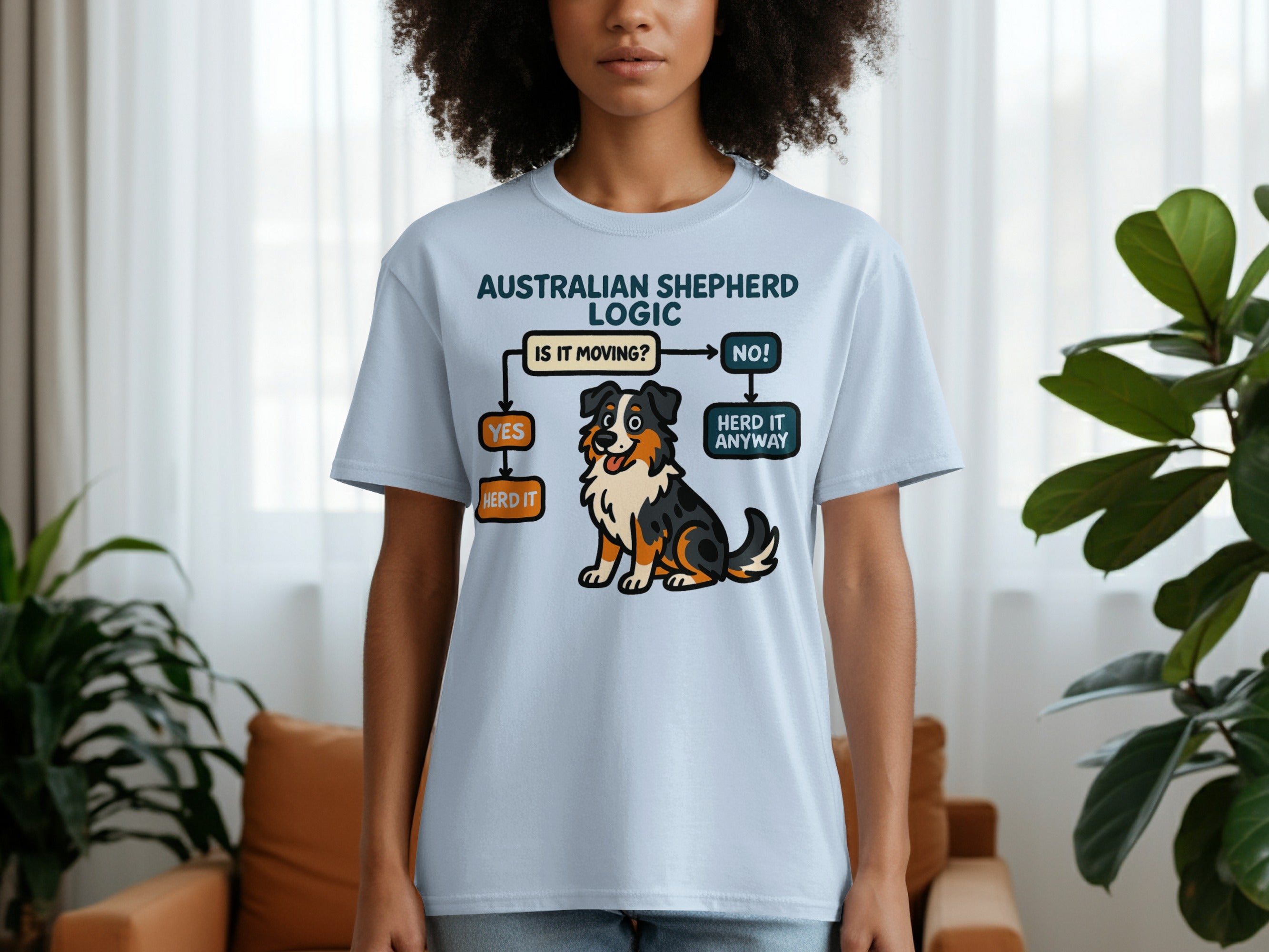 Light blue t-shirt with "Australian Shepherd Logic" flowchart and cartoon dog.