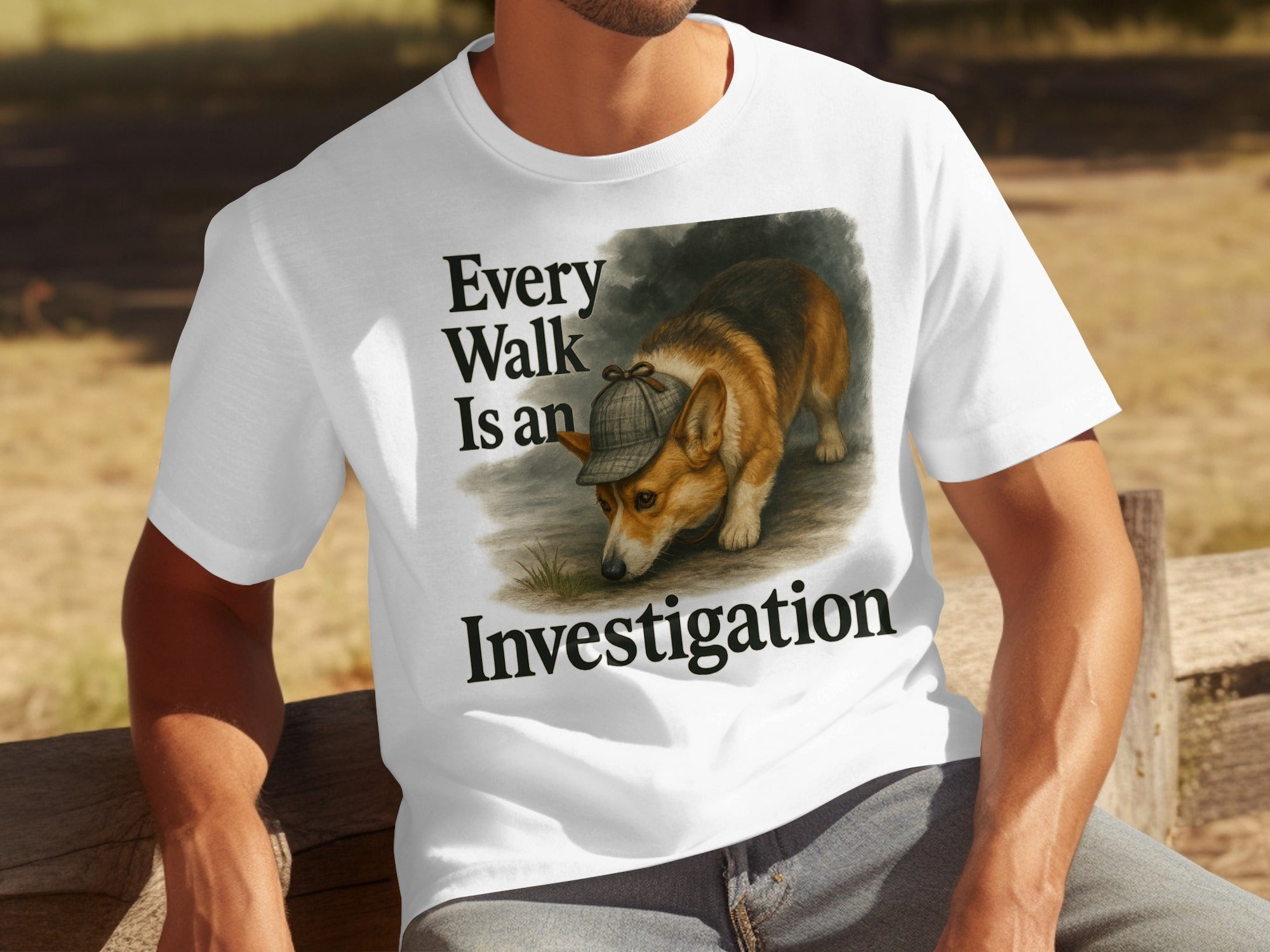 White t-shirt with a corgi wearing a deerstalker hat and text "Every Walk Is an Investigation".