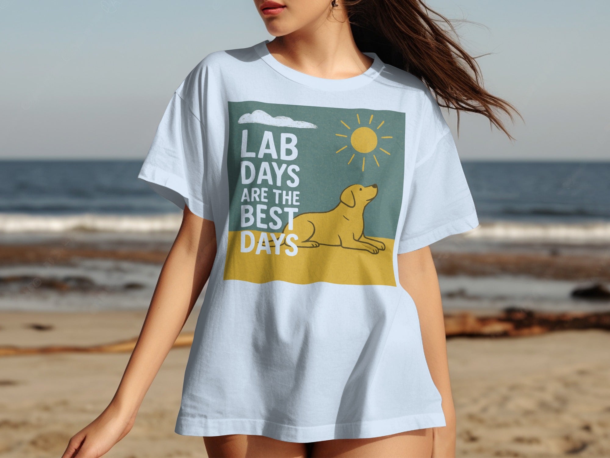 White t-shirt with graphic of yellow lab dog, sun, and text "LAB DAYS ARE THE BEST DAYS".