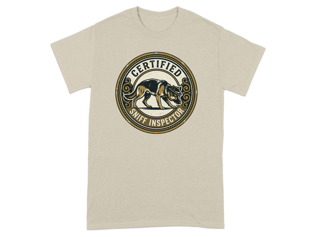 T-shirt with round "Certified Sniff Inspector" logo featuring a German Shepherd.