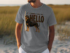 Grey t-shirt with a dog and "Leaning is how I say HELLO" text.