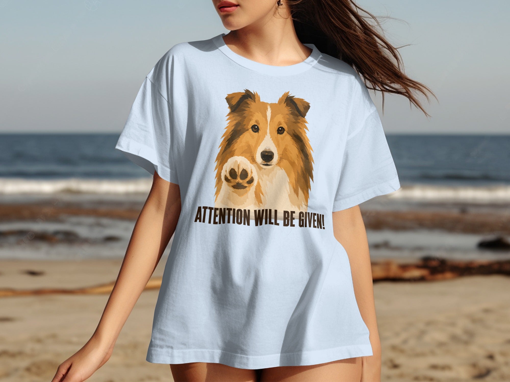 Light blue t-shirt with a Shetland Sheepdog and "ATTENTION WILL BE GIVEN!" text.