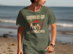 Green t-shirt with beagle dog and text "Currently Off-Grid Following a Smell".