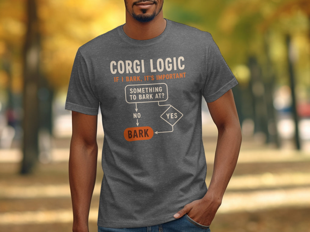 Dark gray t-shirt with "Corgi Logic" and a flowchart about barking.