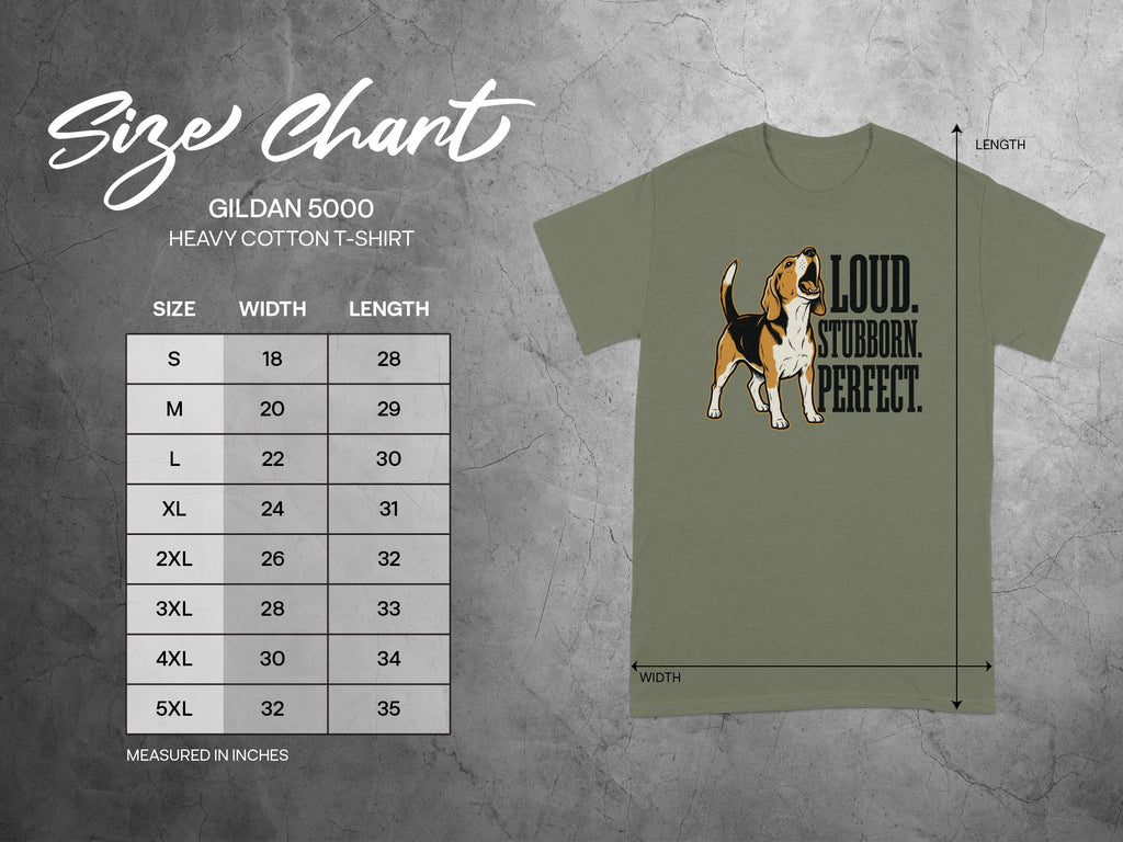 Gildan 5000 Heavy Cotton T-shirt size chart with dimensions and a graphic of a beagle.