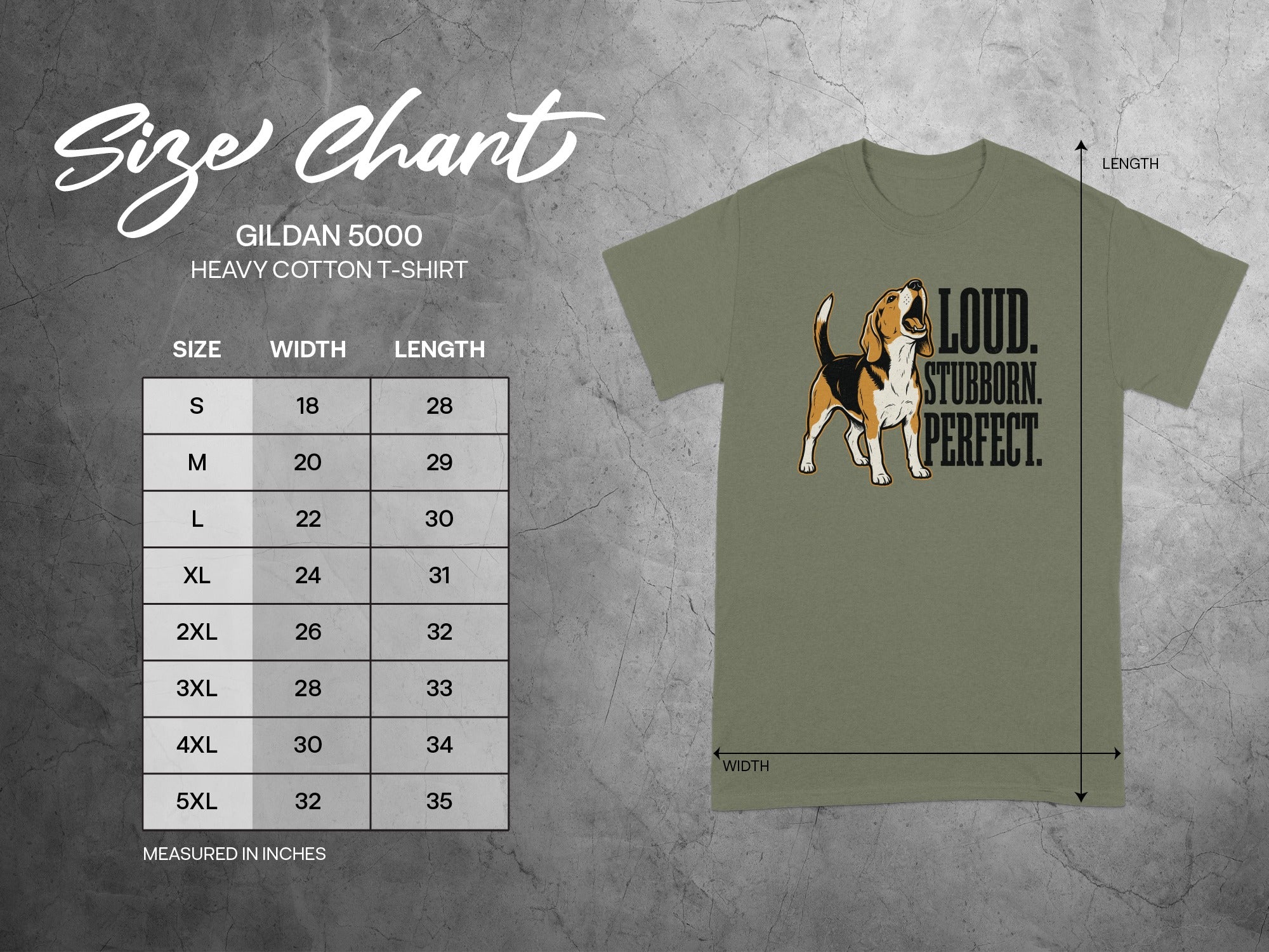 Gildan 5000 Heavy Cotton T-shirt size chart with dimensions and a graphic of a beagle.