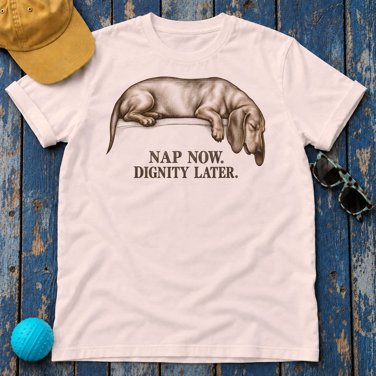 Nap Now Dignity Later Dachshund T-Shirt in Soft Pink - flat lay