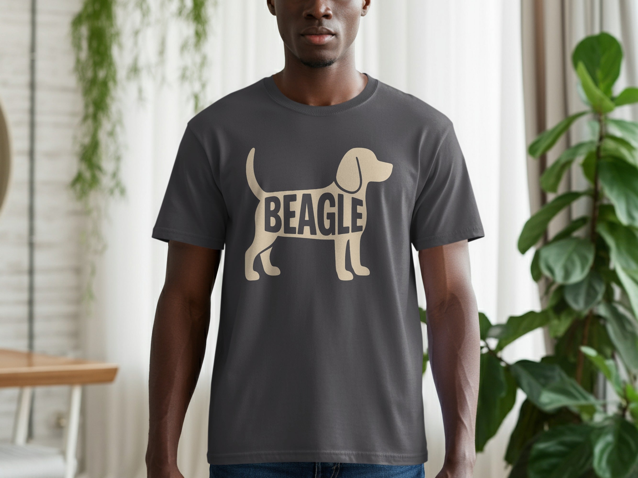 Dark grey t-shirt with a tan beagle silhouette and the word "BEAGLE" across its body.