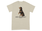 T-shirt with Gordon Setter dog sitting and text "Paws and Reflect".