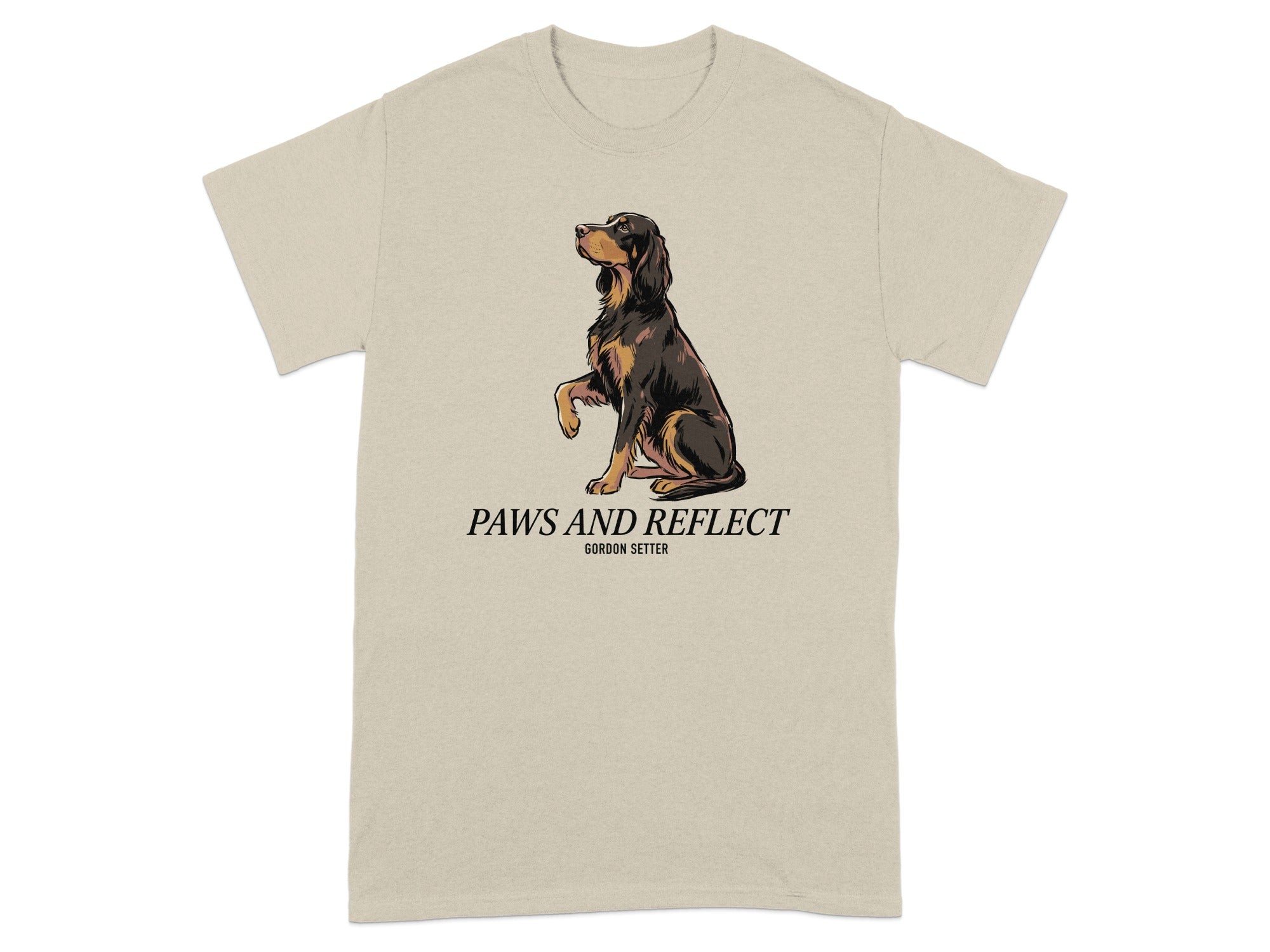 T-shirt with Gordon Setter dog sitting and text "Paws and Reflect".
