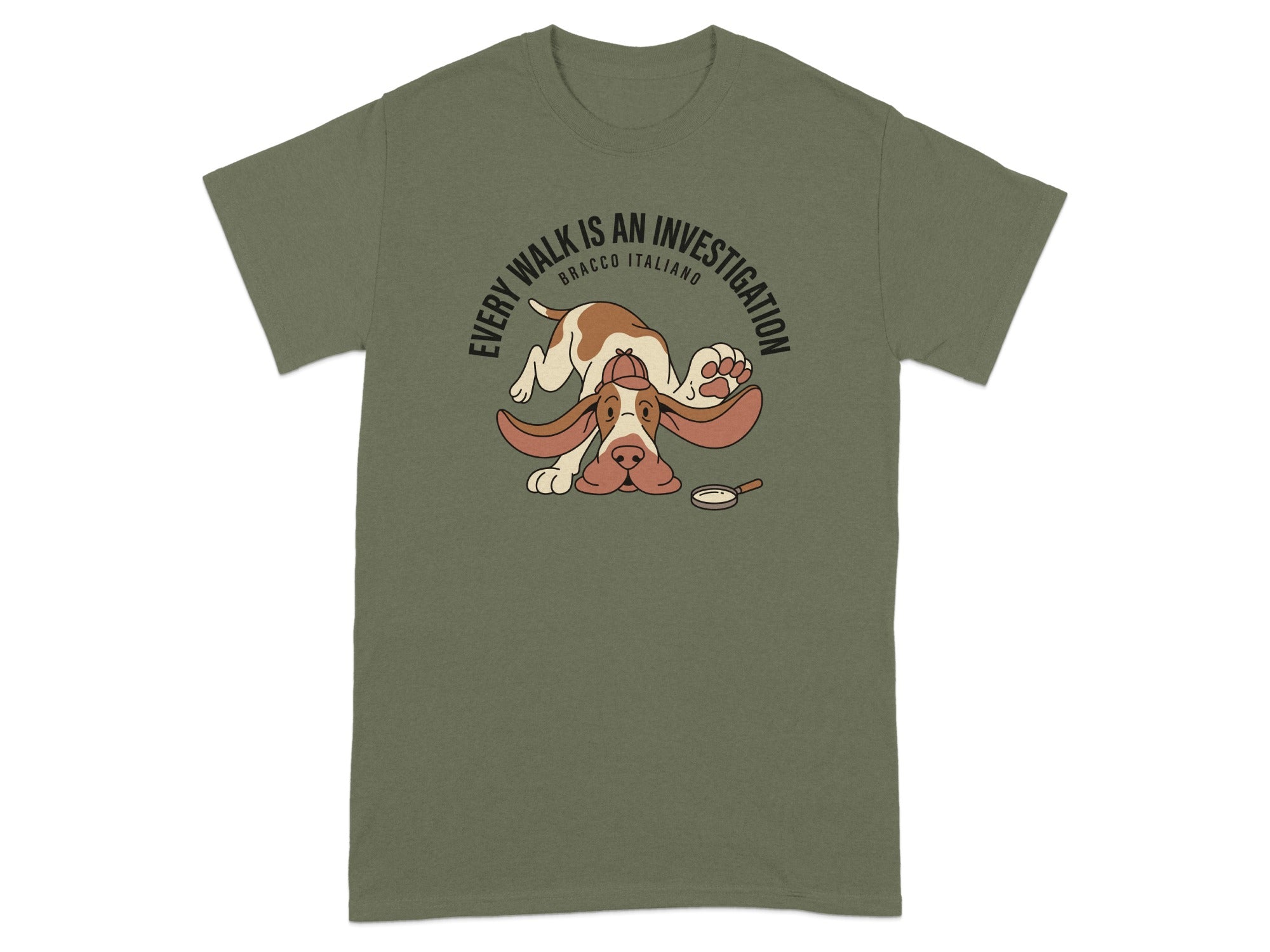 Olive green t-shirt with cartoon dog and "Every walk is an investigation Bracco Italiano".