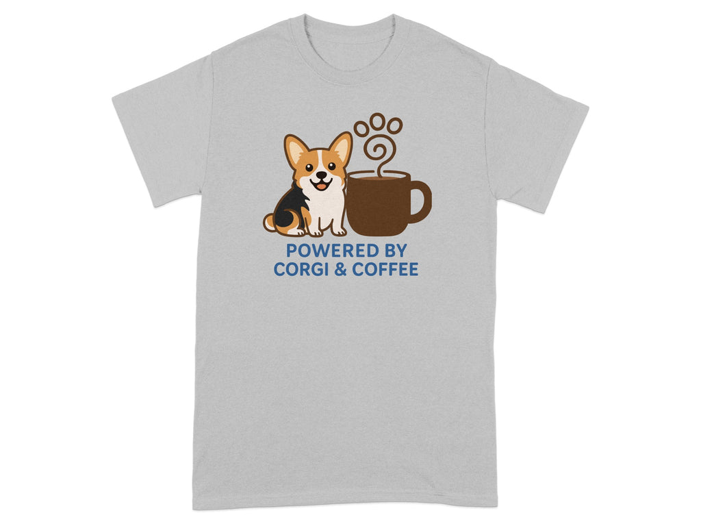 Grey t-shirt with corgi and coffee cup graphic saying "Powered by Corgi & Coffee."