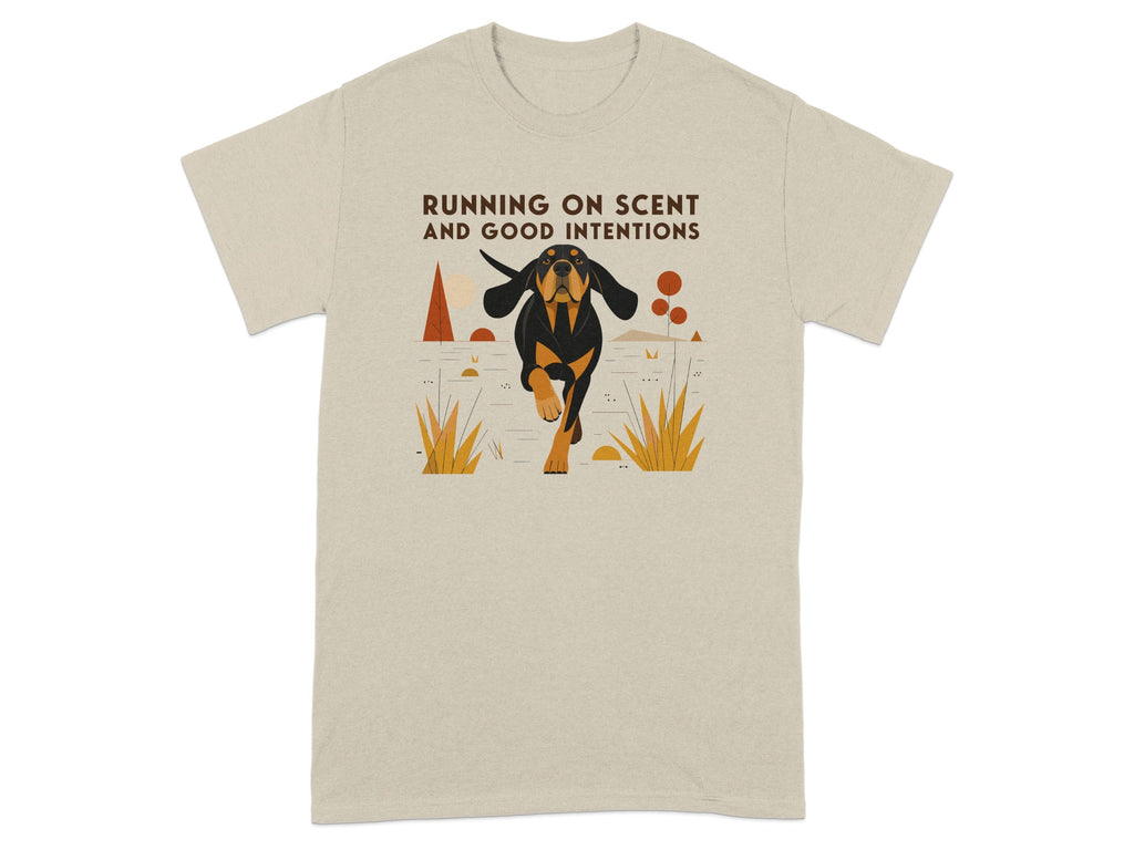 Beige t-shirt with illustration of a running dog and text.