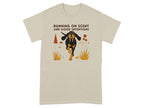 Beige t-shirt with illustration of a running dog and text.