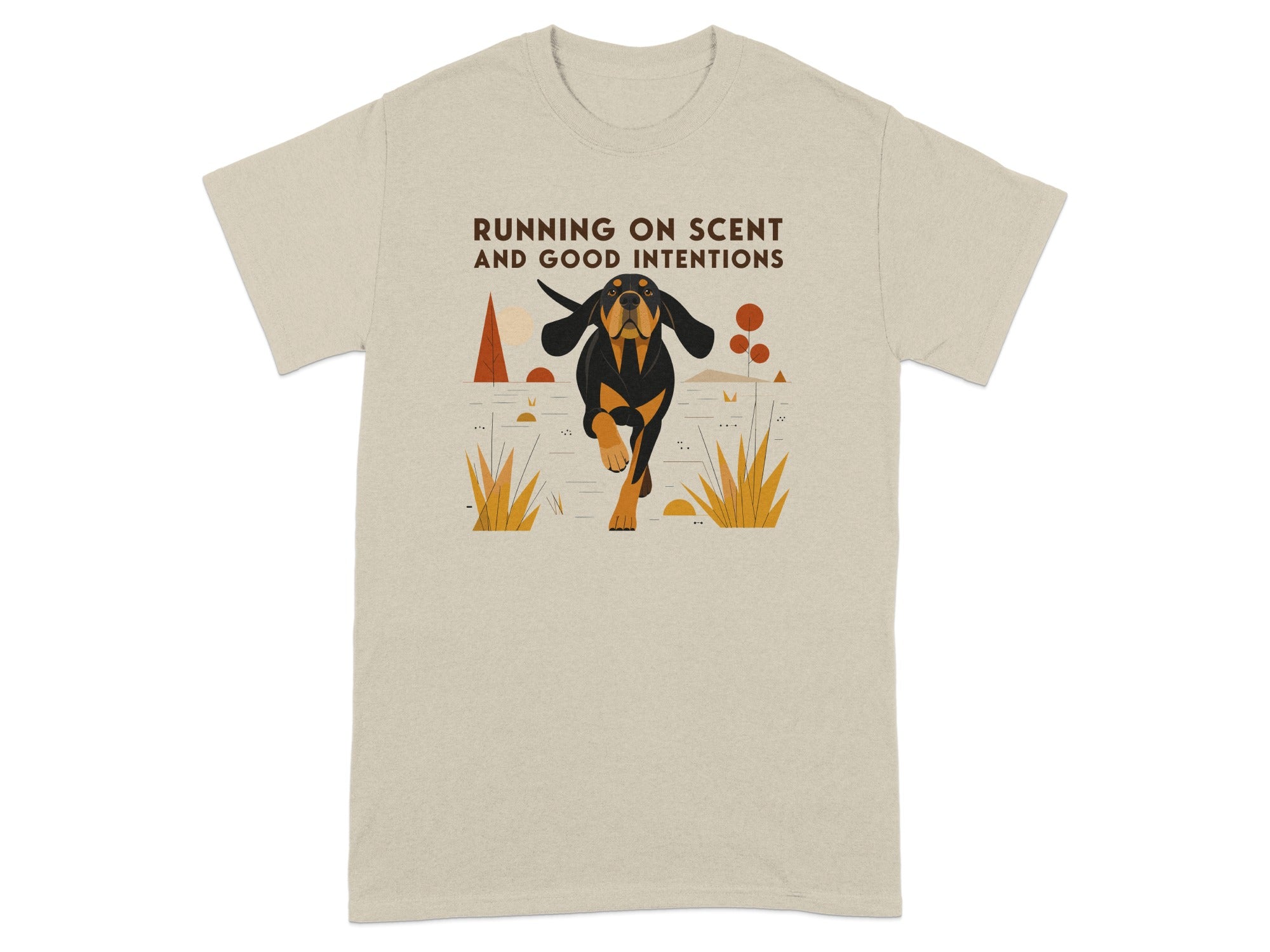 Beige t-shirt with illustration of a running dog and text.