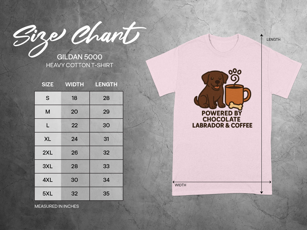 Size chart for Gildan 5000 Heavy Cotton T-Shirt with dog and coffee graphic.