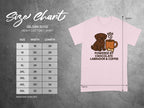 Size chart for Gildan 5000 Heavy Cotton T-Shirt with dog and coffee graphic.