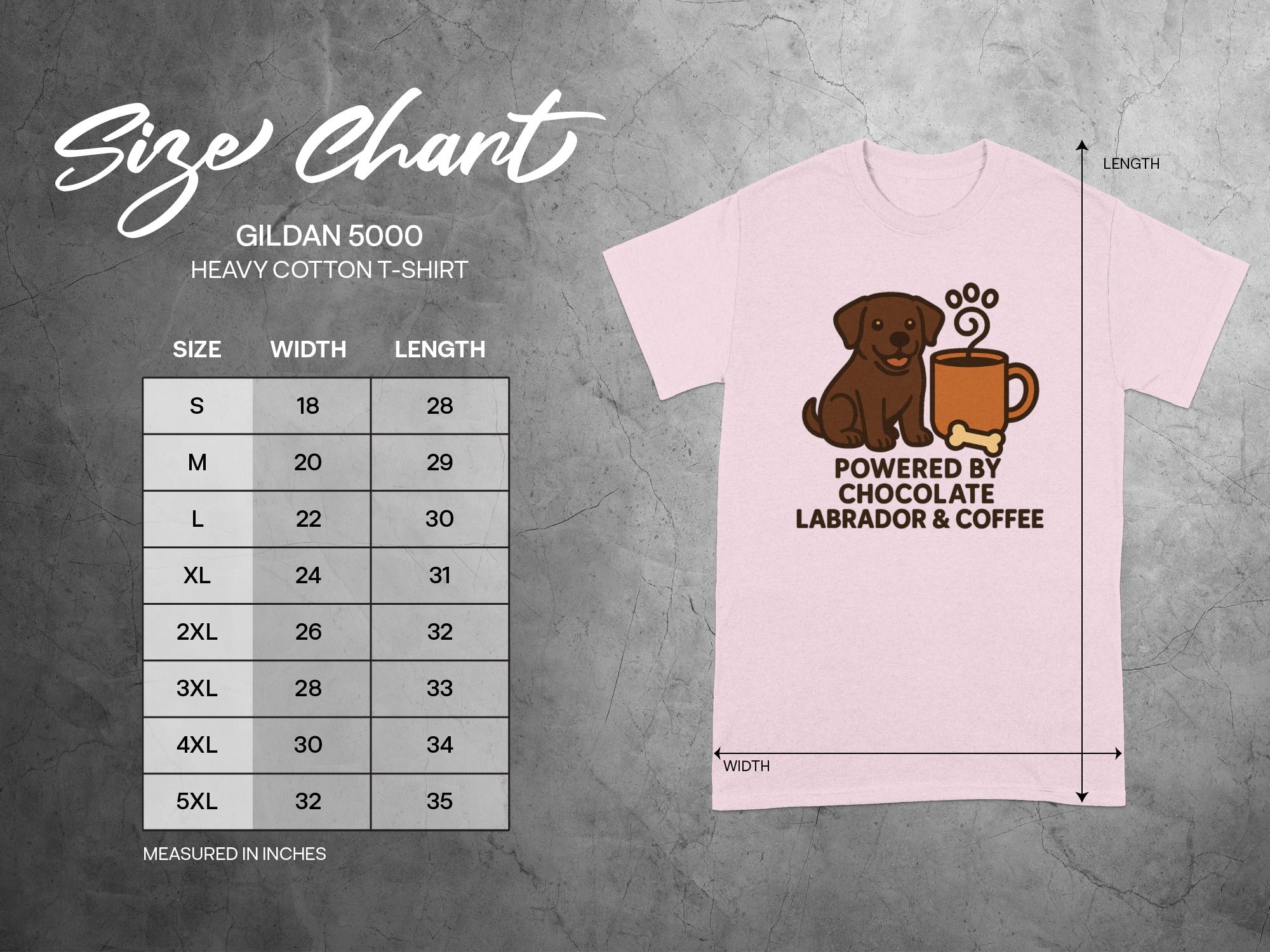 Size chart for Gildan 5000 Heavy Cotton T-Shirt with dog and coffee graphic.