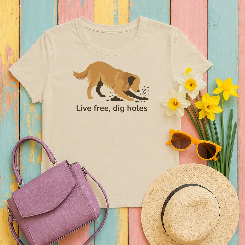 mig2 live-free-dig-holes-golden-retriever tee flat lay hero v8