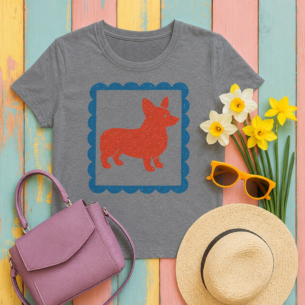 Cute Cartoon Corgi Dog Inside Ornamental Frame T-Shirt in Graphite Heather