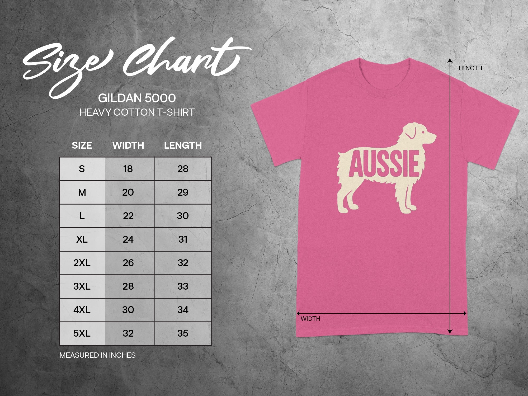 Gildan 5000 t-shirt size chart with width and length measurements for sizes S-5XL.