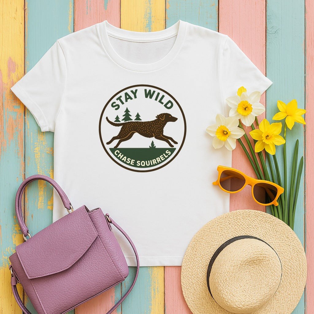 Curly-Coated Retriever Stay Wild Chase Squirrels Tee in White