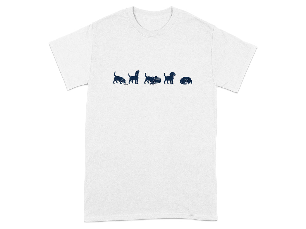 White t-shirt with a dark blue graphic of five beagle puppies in sequence.