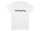 White t-shirt with a dark blue graphic of five beagle puppies in sequence.