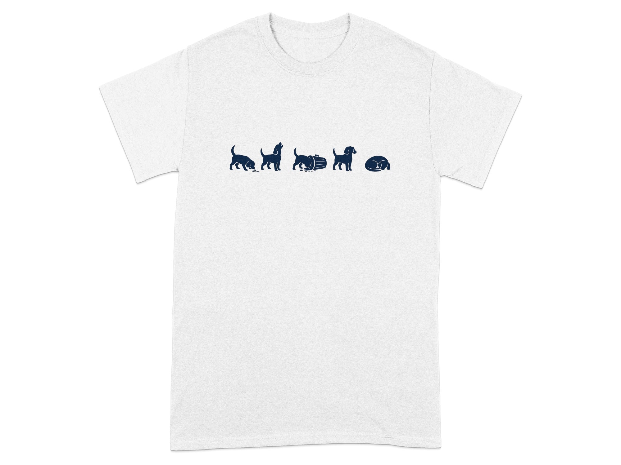White t-shirt with a dark blue graphic of five beagle puppies in sequence.