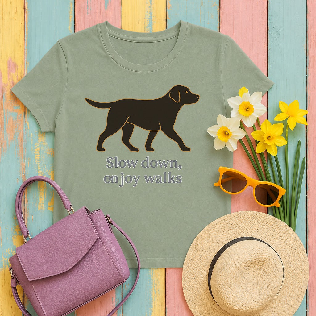 Black Lab Slow Down Enjoy Walks T-shirt in Sage