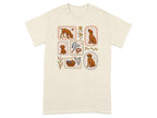 T-shirt with framed illustrations of a dog and dog-related items.