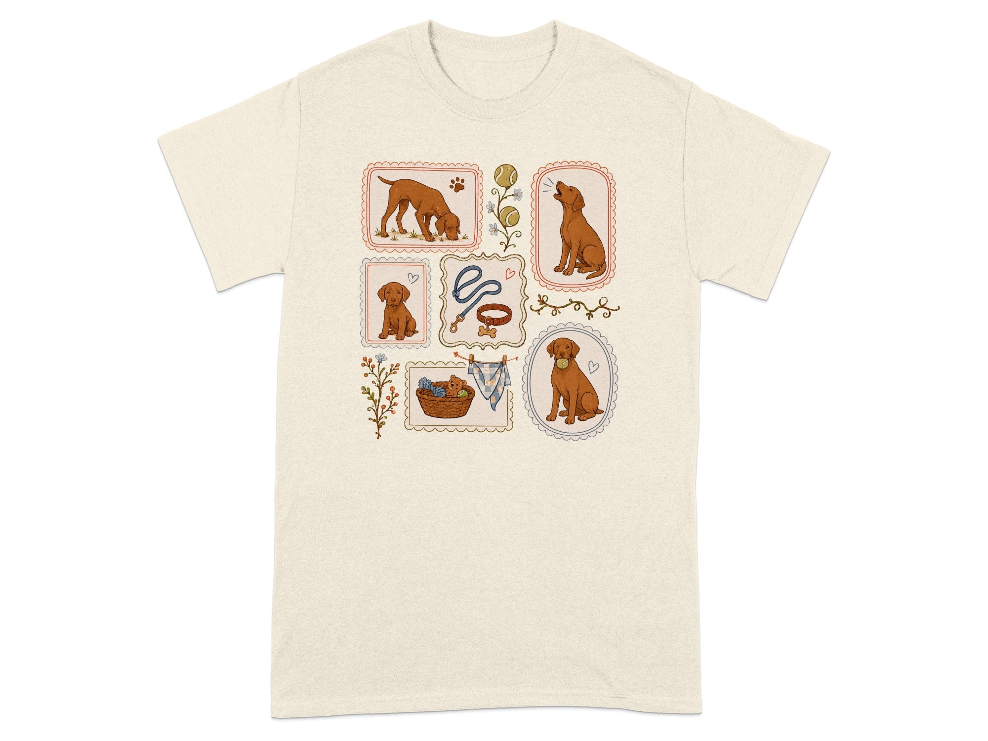 T-shirt with framed illustrations of a dog and dog-related items.