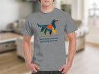 Grey t-shirt with graphic of abstract dog and text "feral little creature, perfectly formed".