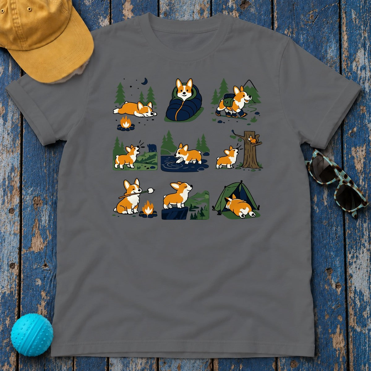 Happy Trails Corgi Wilderness T-Shirt in Graphite Heather