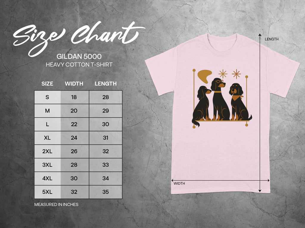 Size chart for Gildan 5000 heavy cotton t-shirts with width and length measurements.