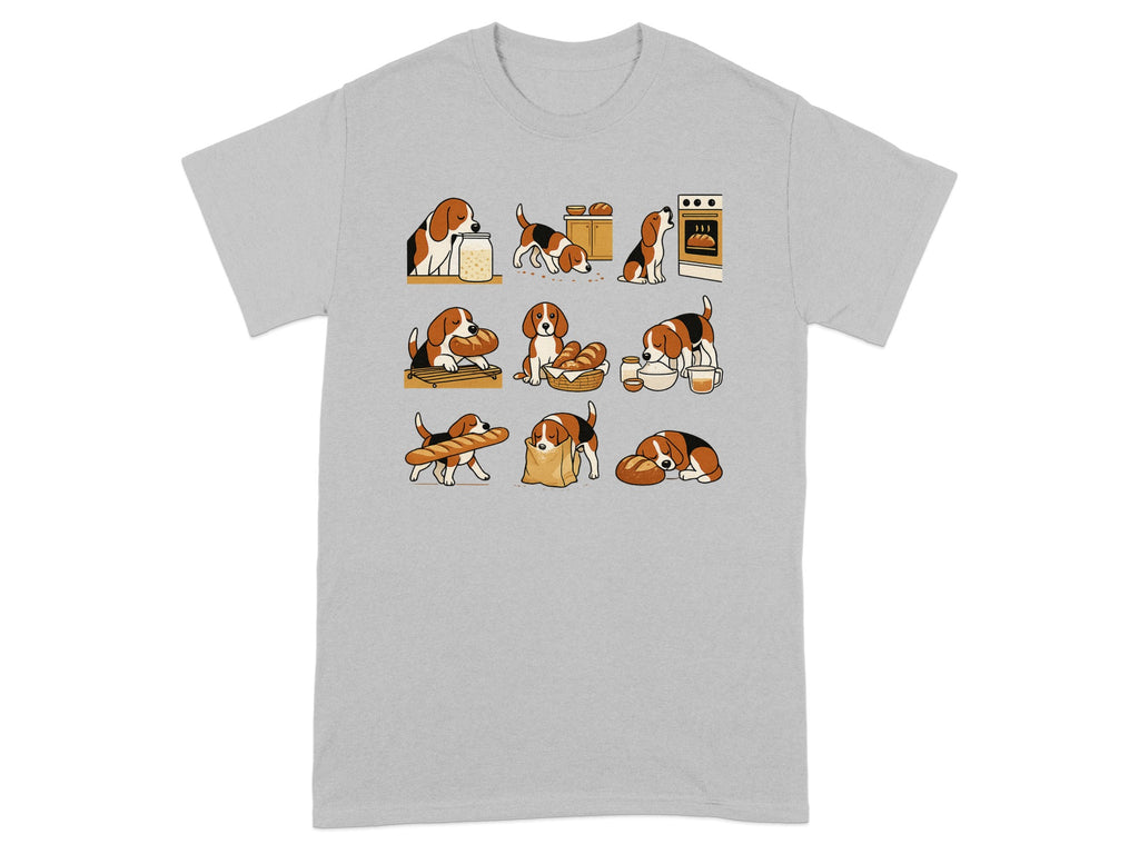 Beagle pups interacting with jars, bread, an oven, and a basket.