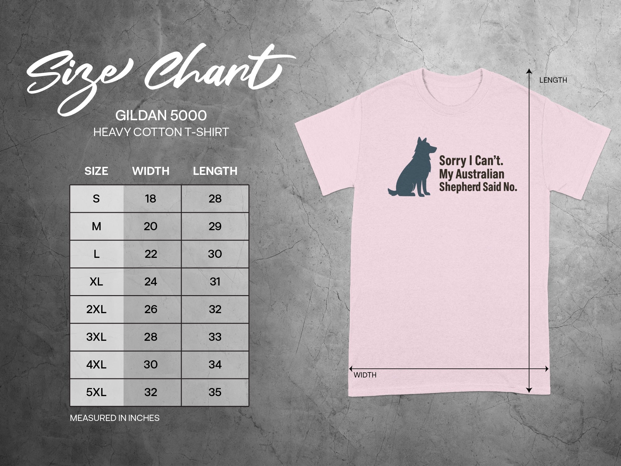 Gildan 5000 Heavy Cotton T-Shirt size chart with width and length measurements in inches.