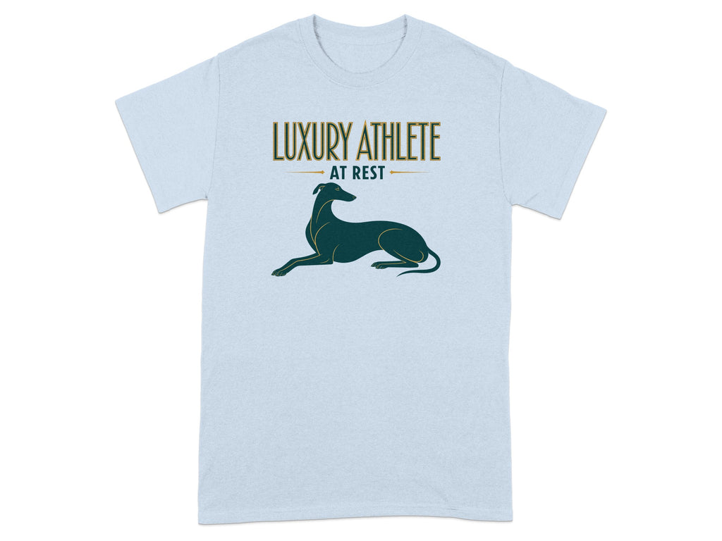 Light blue t-shirt with "LUXURY ATHLETE AT REST" text and a greyhound silhouette.