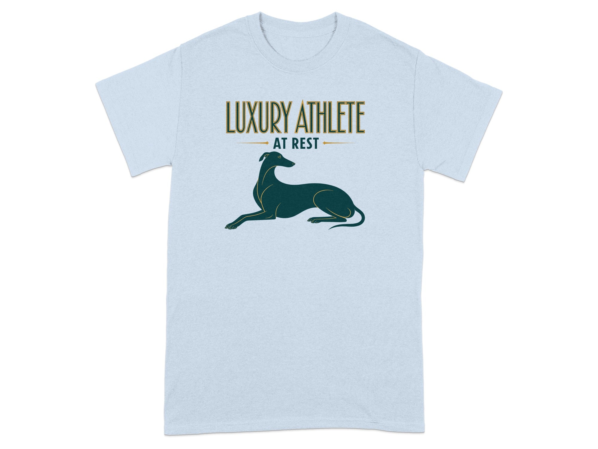 Light blue t-shirt with "LUXURY ATHLETE AT REST" text and a greyhound silhouette.