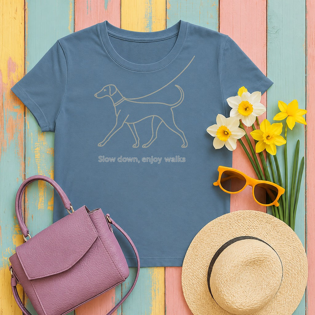 Doberman Slow Down Enjoy Walks Tee in Steel Blue